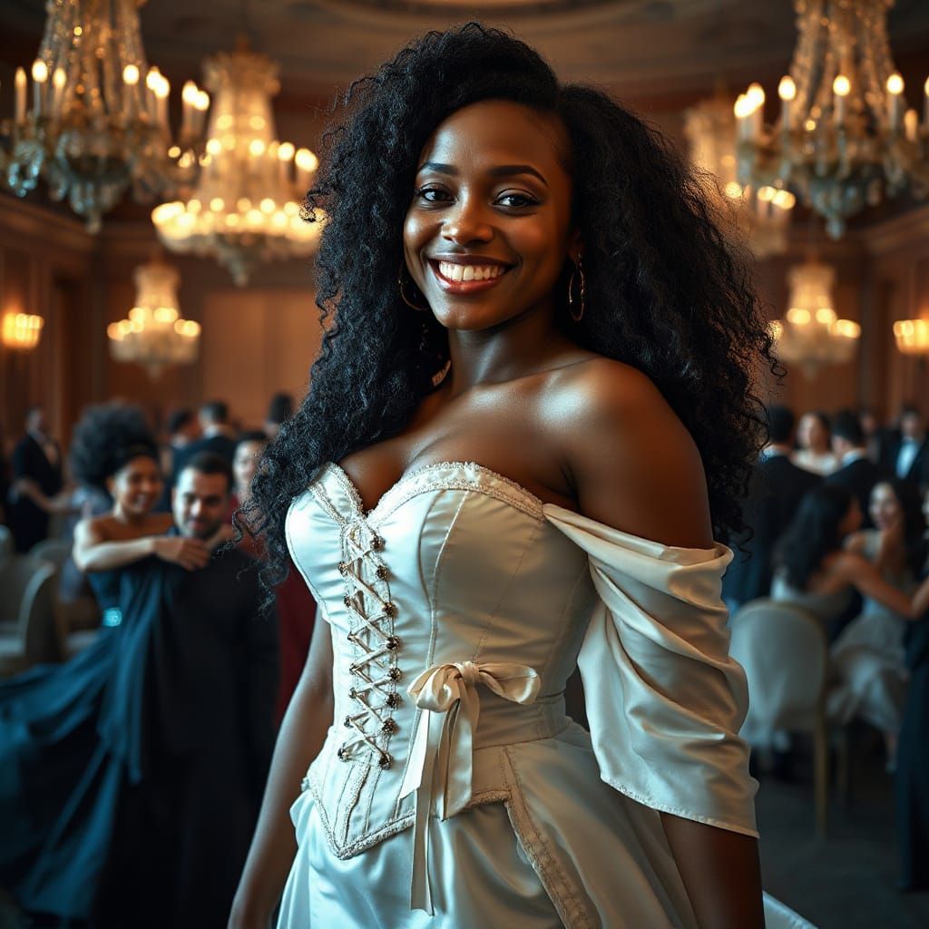 Confident Woman in Flowing Corset in Ballroom