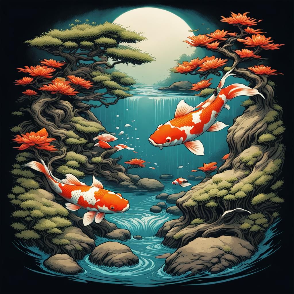 Koi and Bonsai Aquascape Comic Book Art