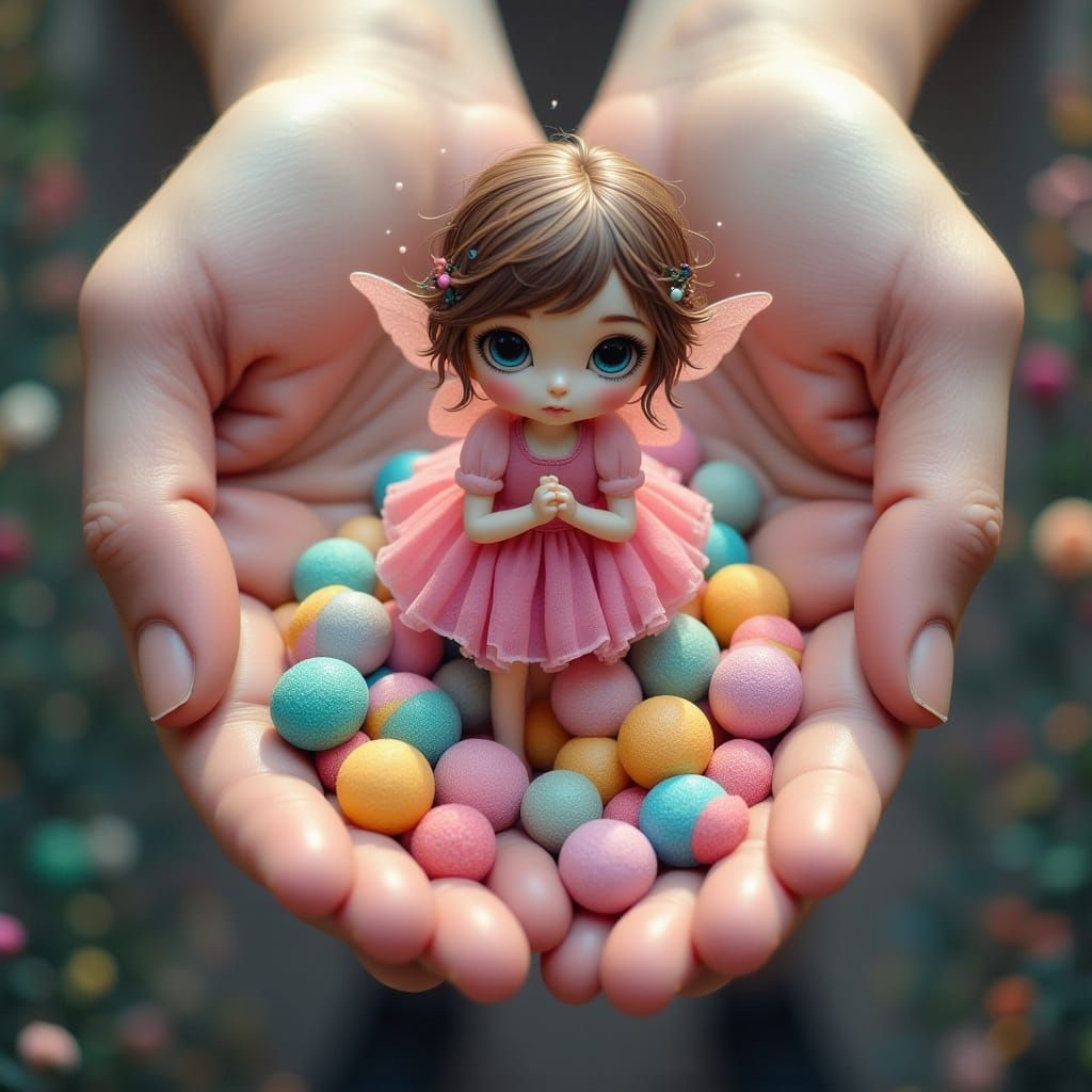 Cute Pixie Gazes at Gumdrops in Dreamlike Scene