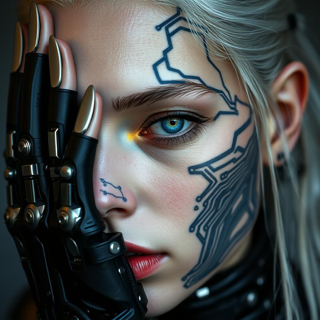 Futuristic Cyborg Portrait: Haunting Fusion of Flesh and Tec...