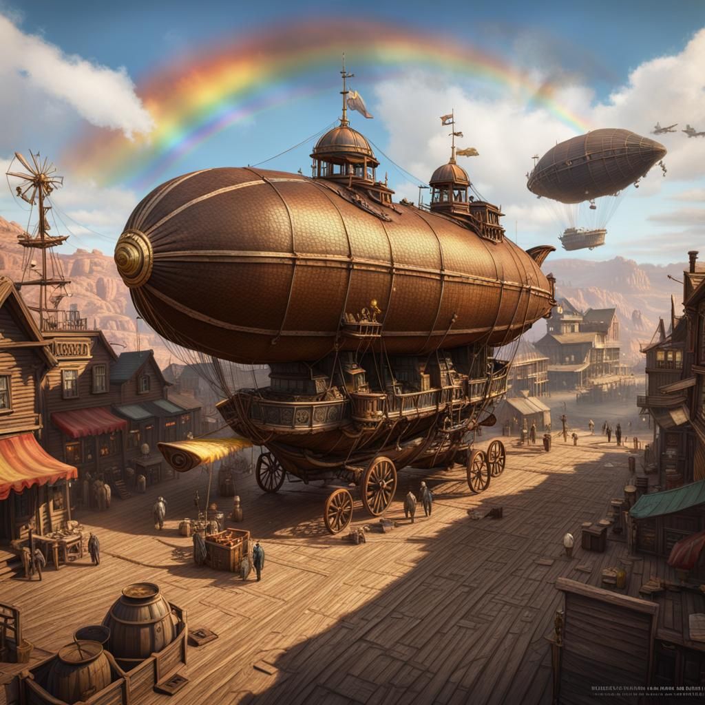 Airship in Old West Town Square with Rainbow