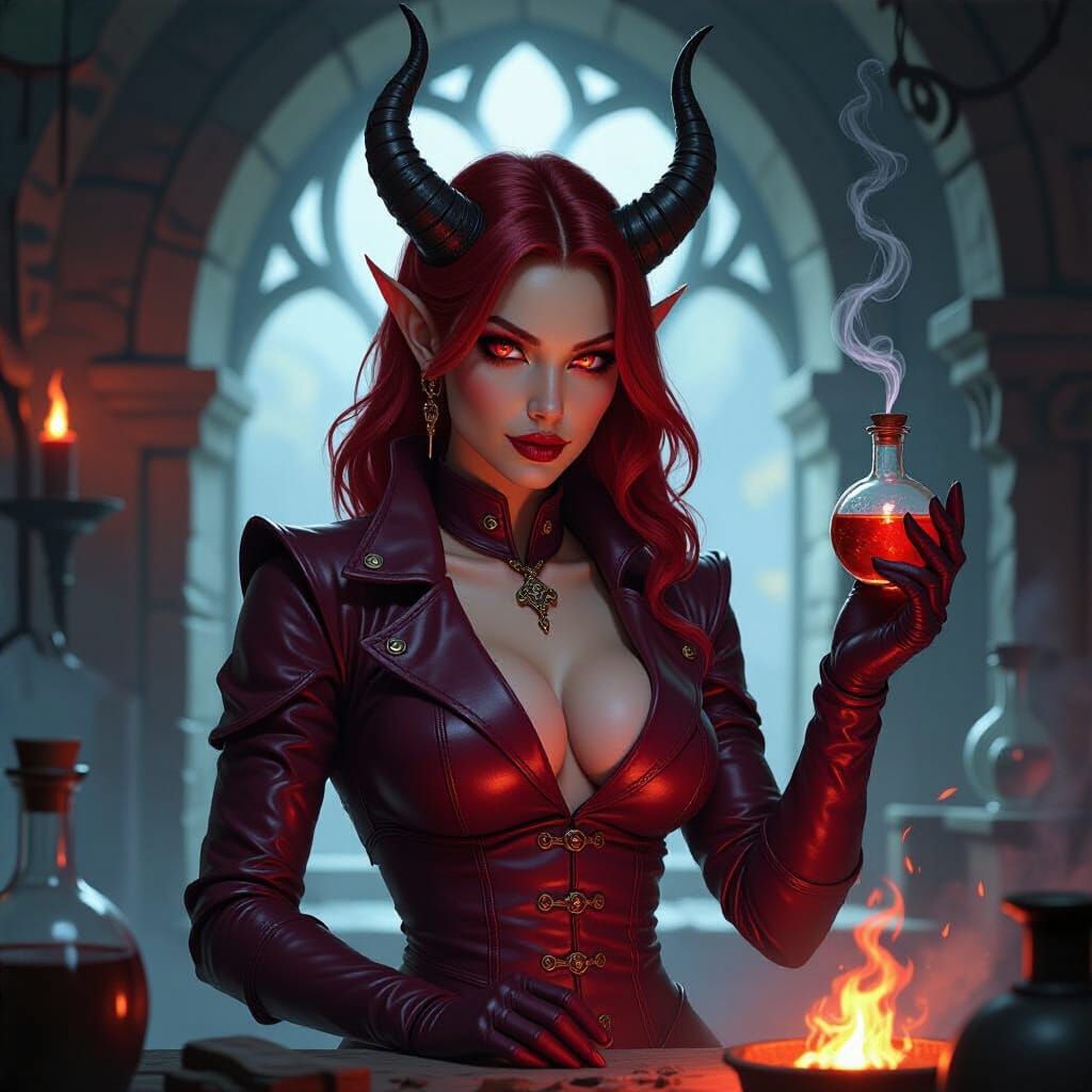 Tiefling Alchemist Mixing Explosives in Laboratory