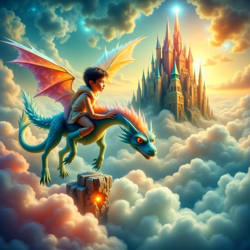 Boy Riding Crystallized Dragon to Skybound Castle