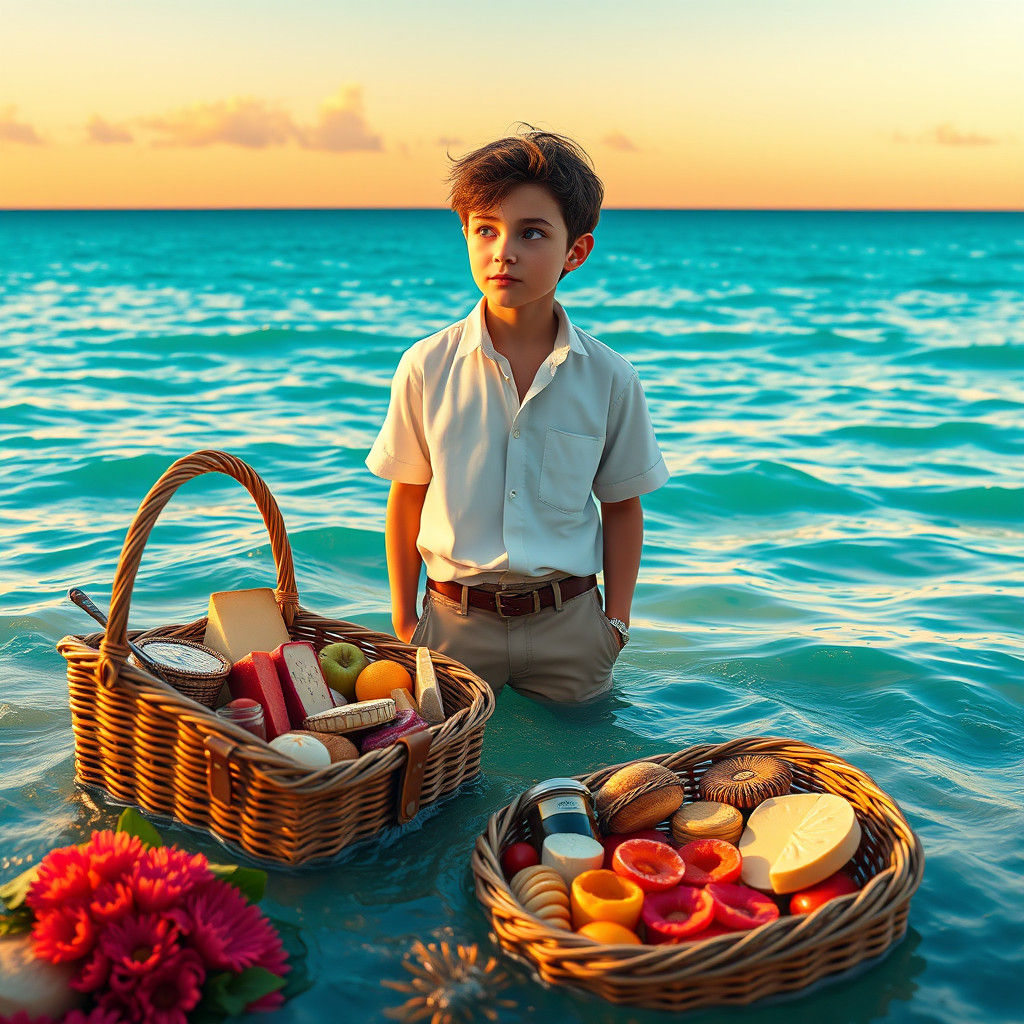 Boy's Sunset Picnic by the Sea: Matte Painting