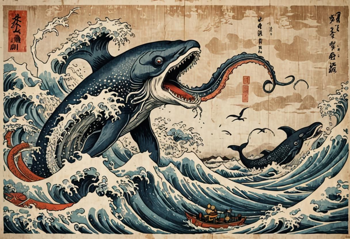 Giant Squid Attacking Whale in Ukiyo-e Style