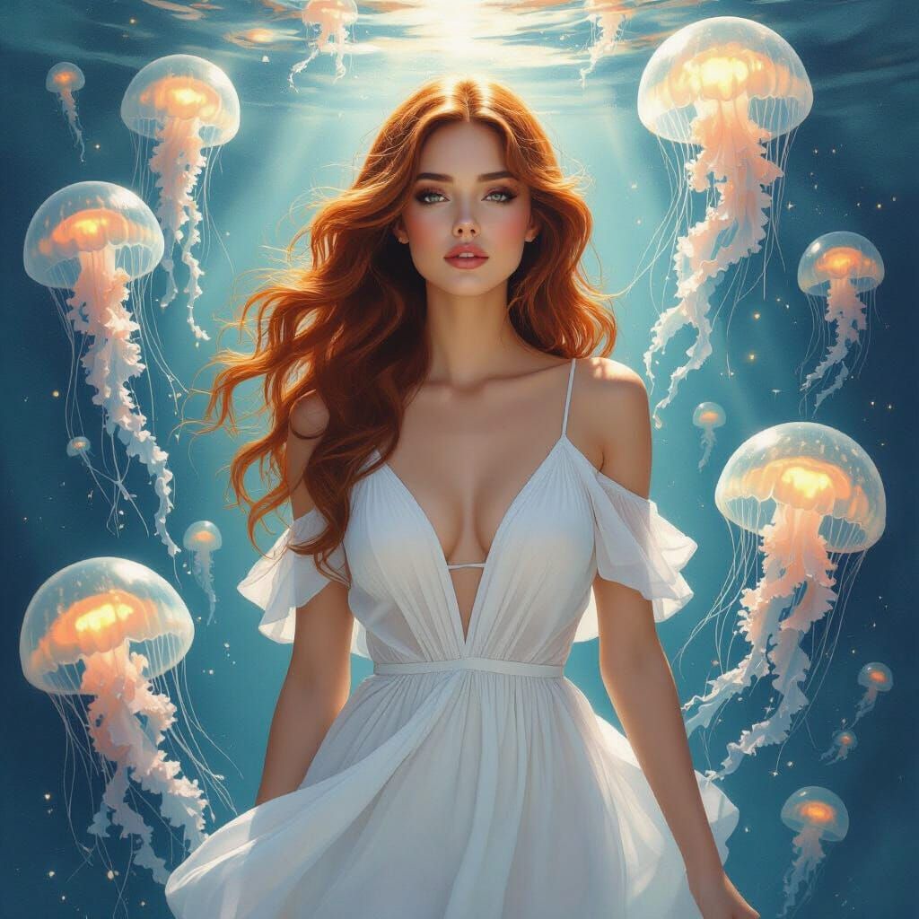 Woman in Bioluminescent Sea: Expressionist Watercolor Art