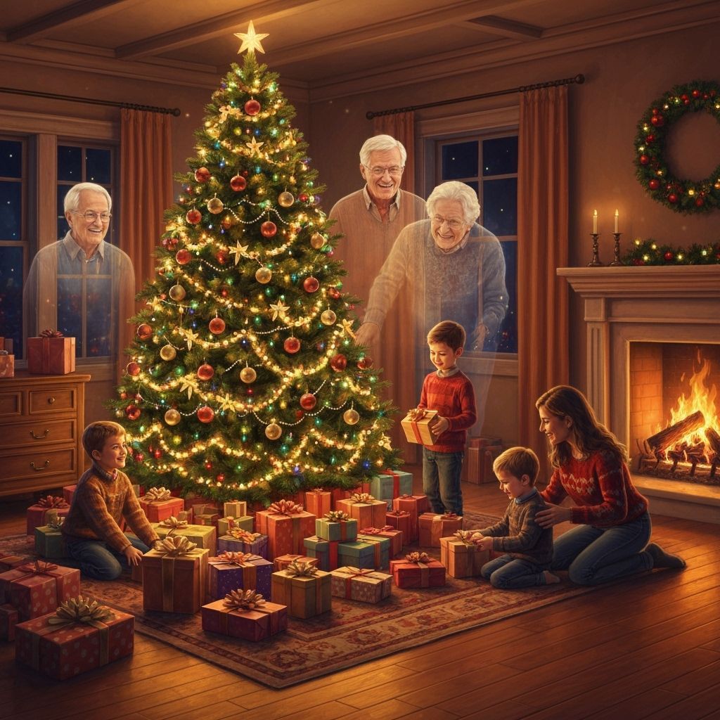 Joyful Christmas Morning Scene with Family and Apparitions