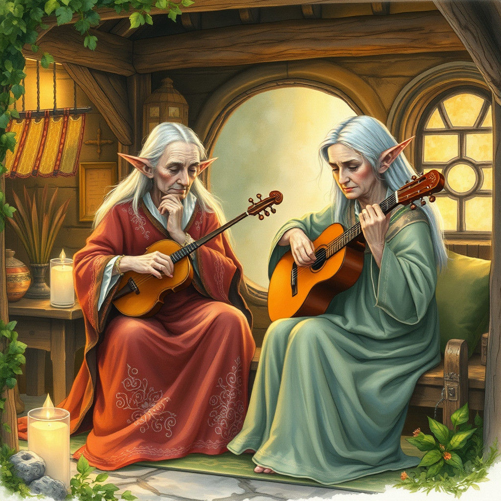 Elegant Elven Couple Plays Whimsical Instruments in Cozy Woo...