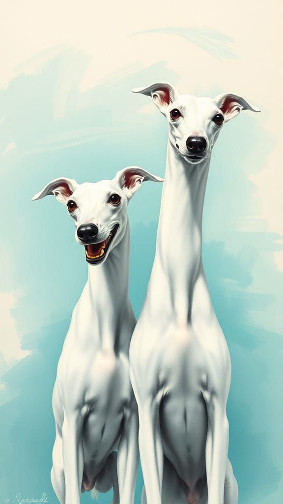 Whimsical Greyhounds in a Dreamlike Landscape