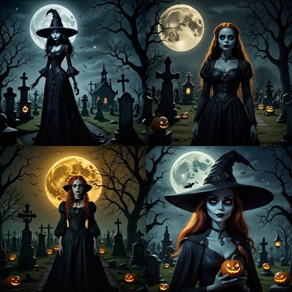 Sally in Witch's Outfit Illuminated by a Glowing Full Moon