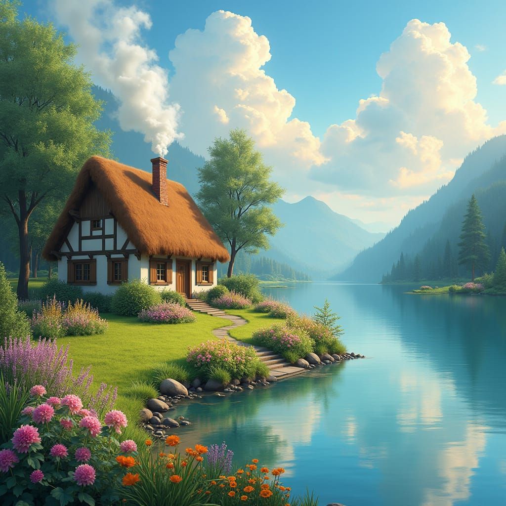 Idyllic Lakeside Cottage in Impressionistic Style