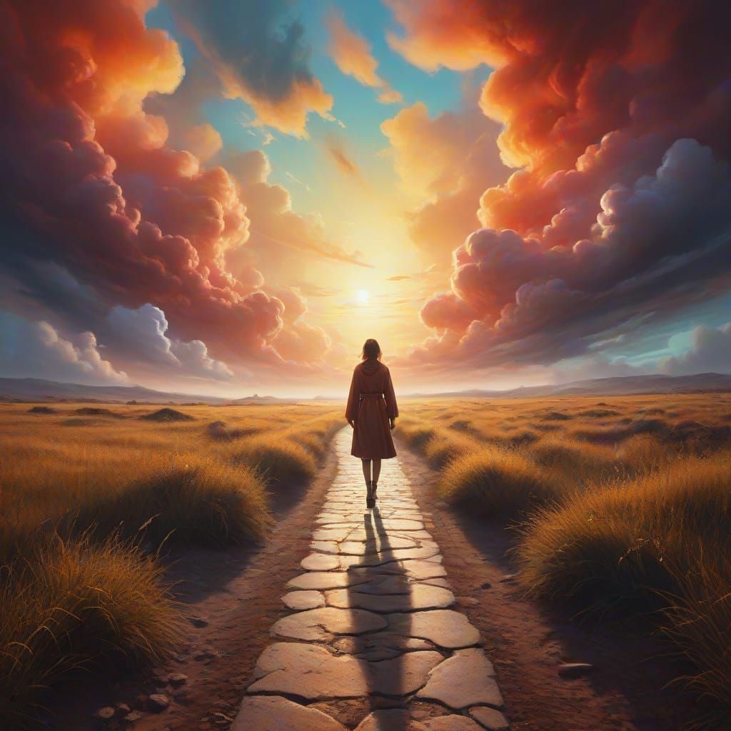 Dreamlike Figure on a Surreal Pathway: Oil Painting