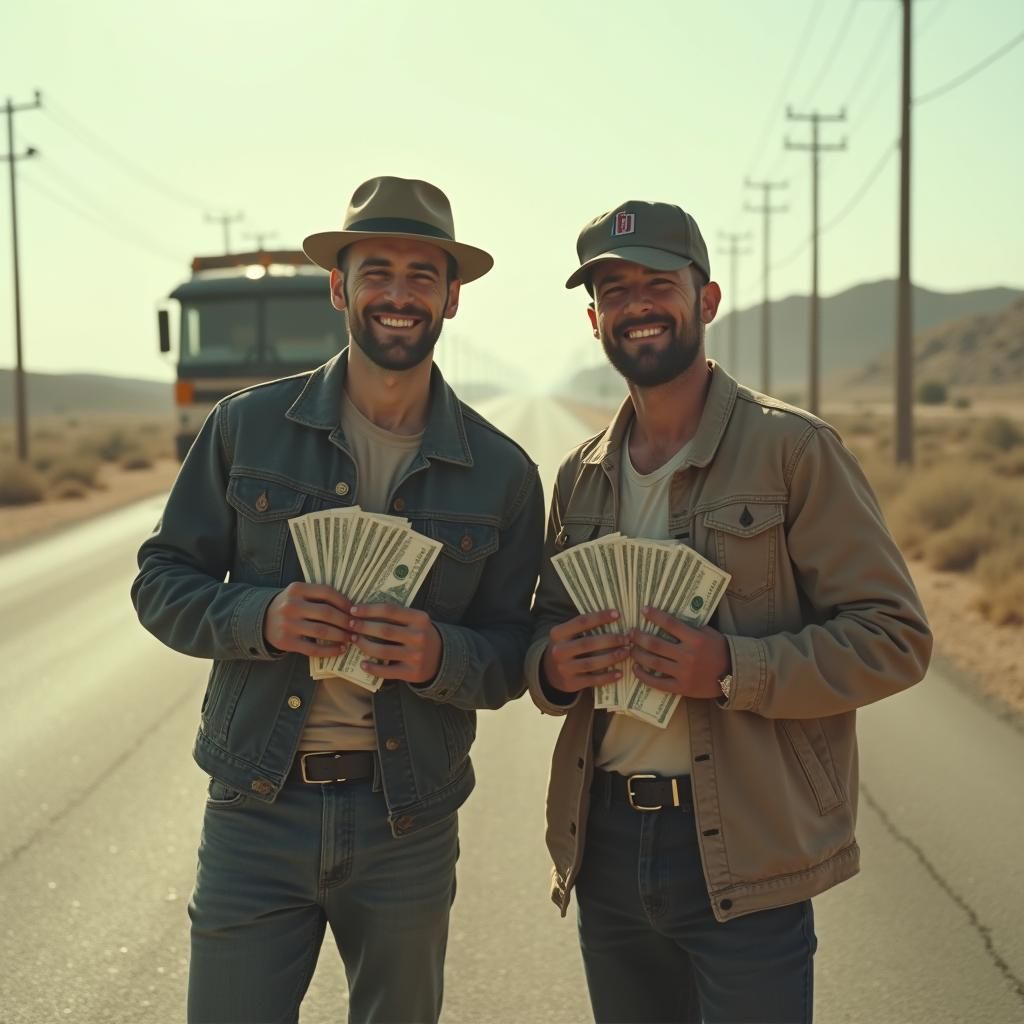 Joyful Men Amidst Chaos: A Cinematic Road Scene