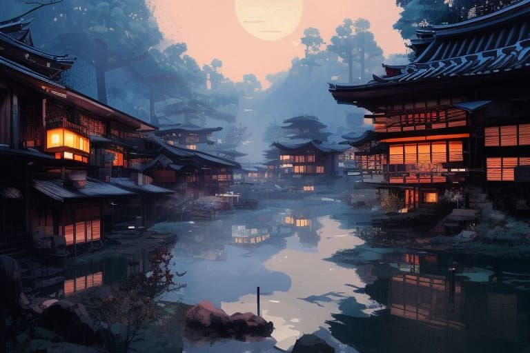 Vibrant Japanese Onsen Village Comic Book Illustration