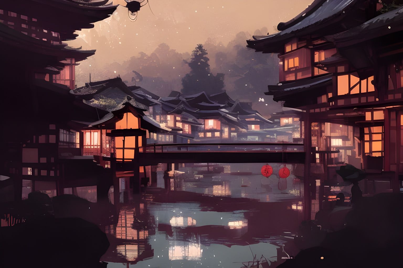 Vibrant Onsen Village Comic Book Illustration