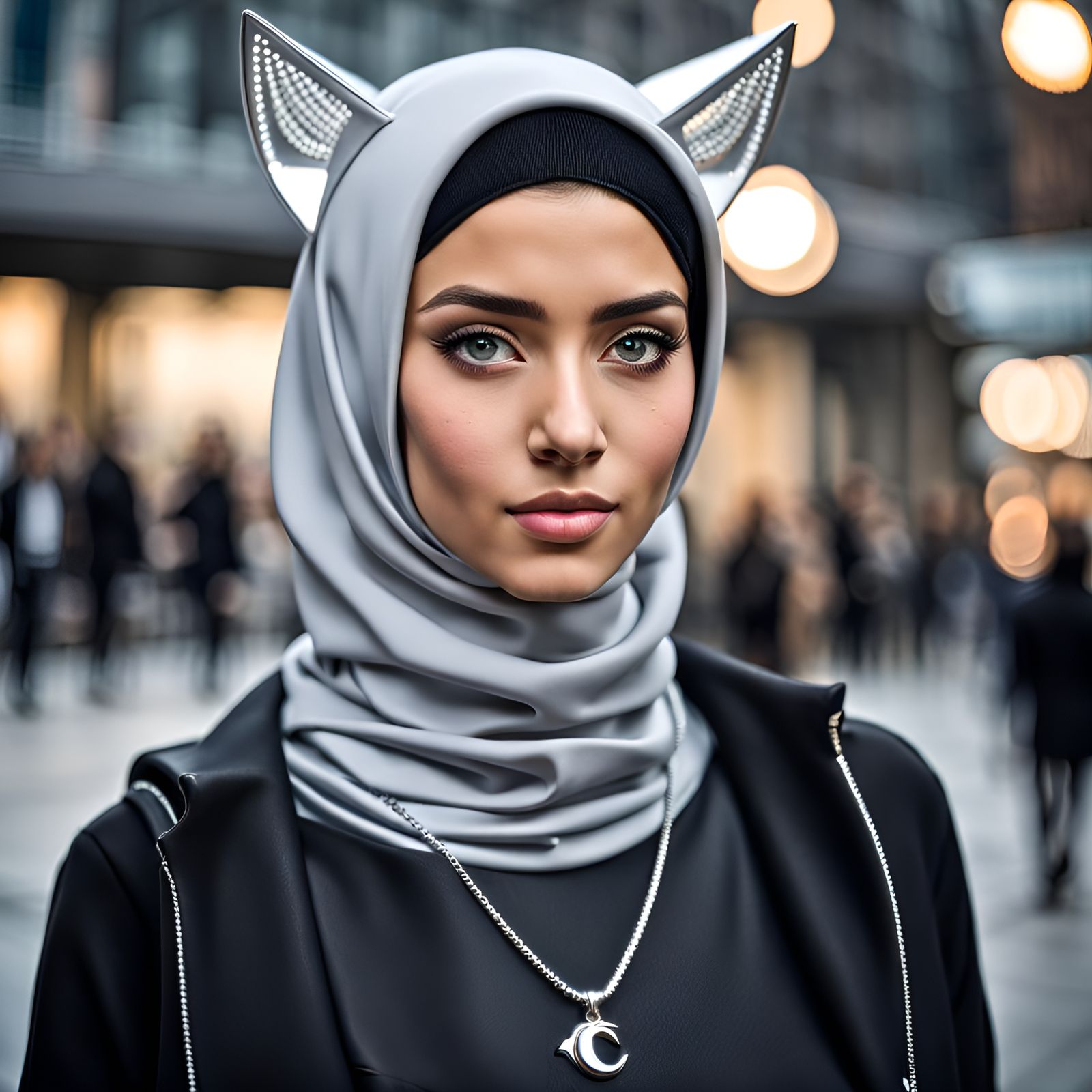 Hyperrealistic Portrait: Girl with Cat Ears and Hijab
