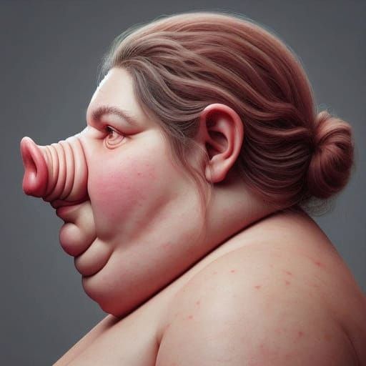 Hyper-Realistic Pig Woman in Charcoal Drawing