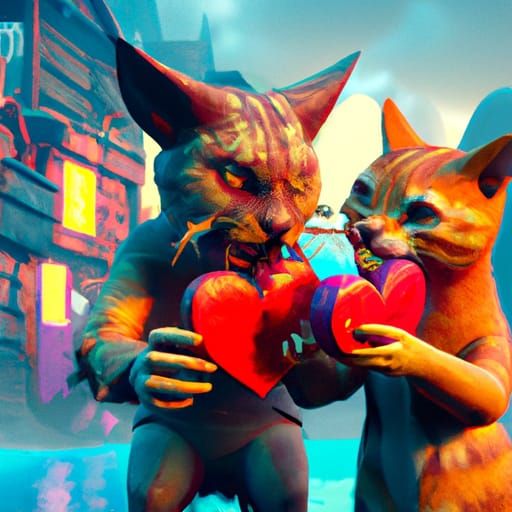 Cats Eating Valentine Heart: Detailed Matte Painting