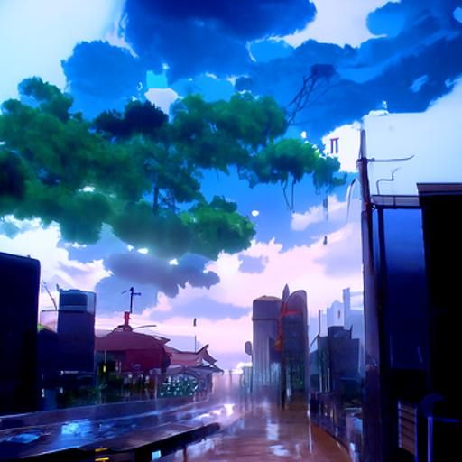 Anime Cityscape in Rain, Ghibli Style
