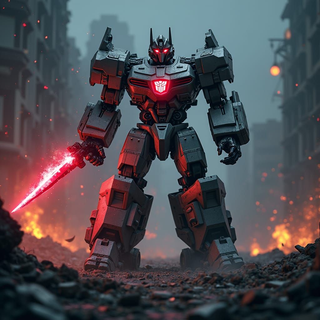 Transformer Robot in War-Torn Cityscape