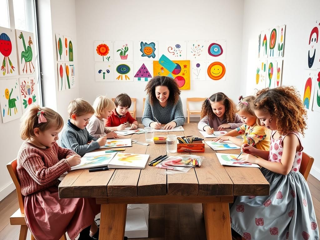 Children Painting in Bright Modern Art Studio