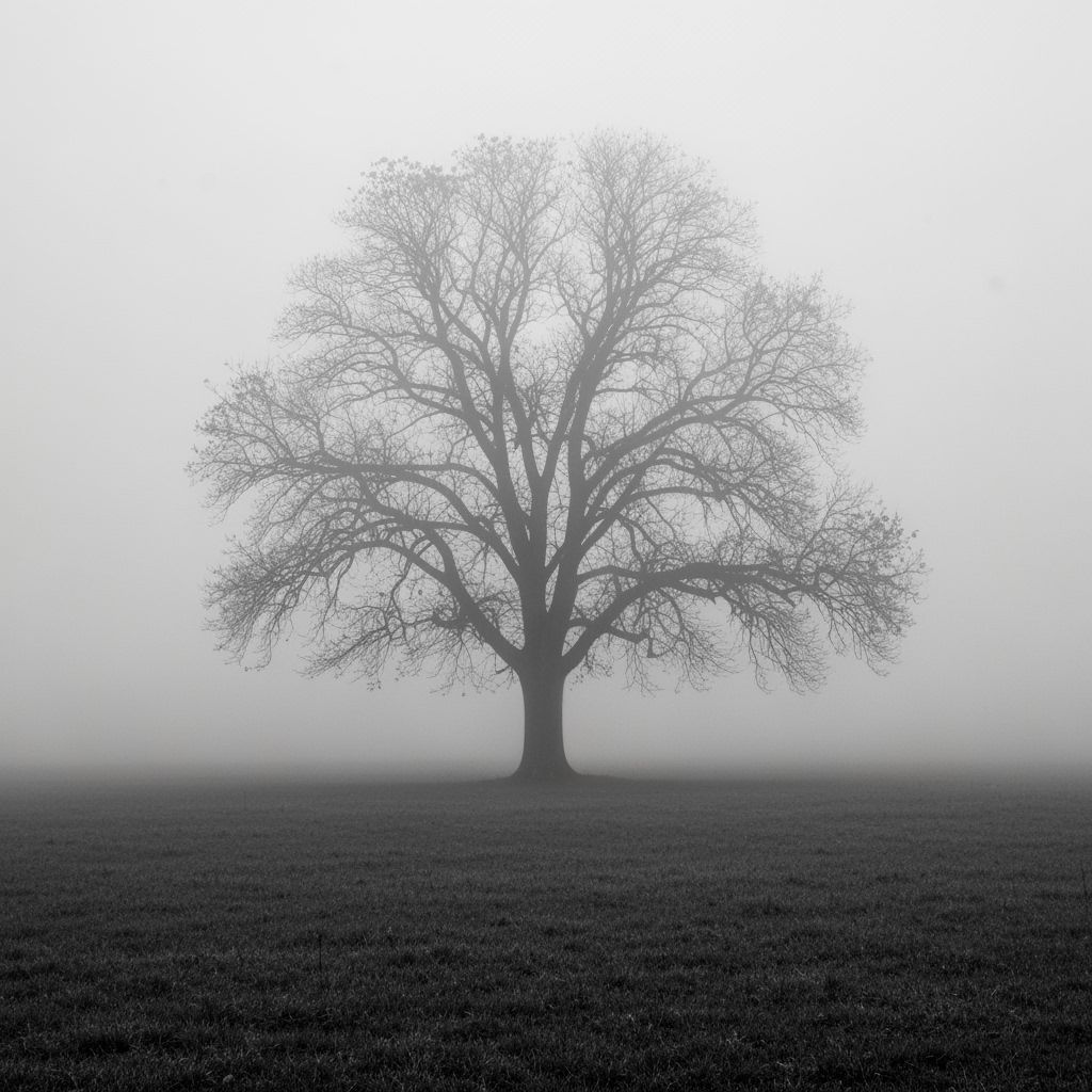 Solitary Tree in Fog: Black and White Photograph