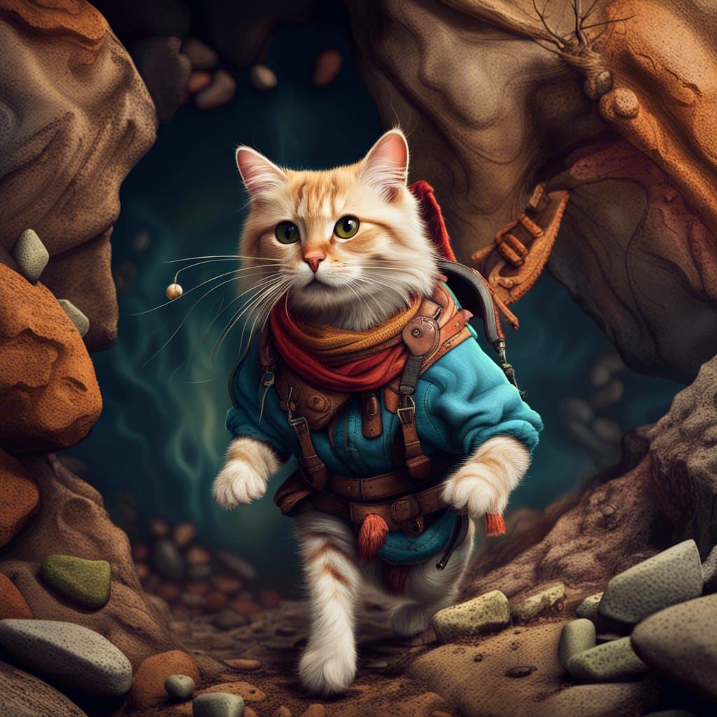 Adventure Cat Dodging Stones in Cave, Fantasy Art