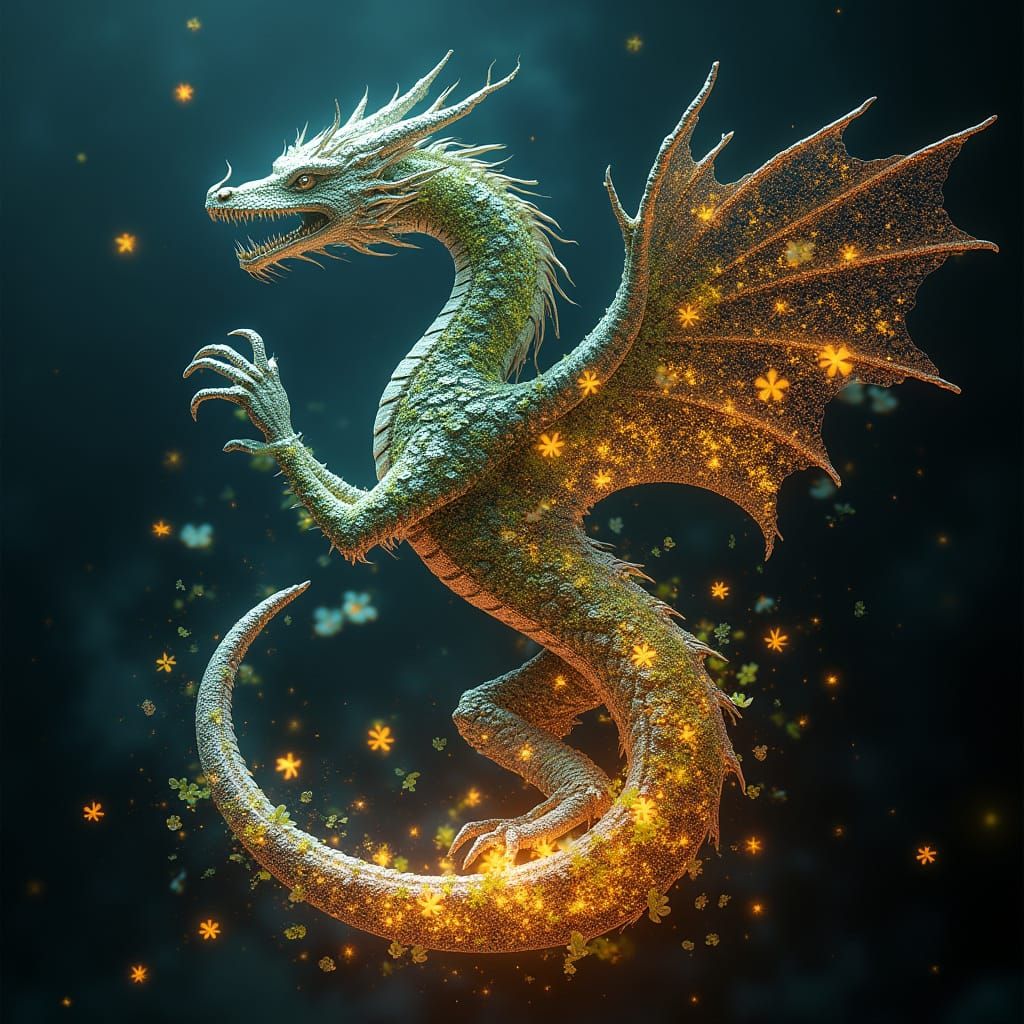 Dragon Surrounded by Bioluminescent Clover Forest and Glitte...