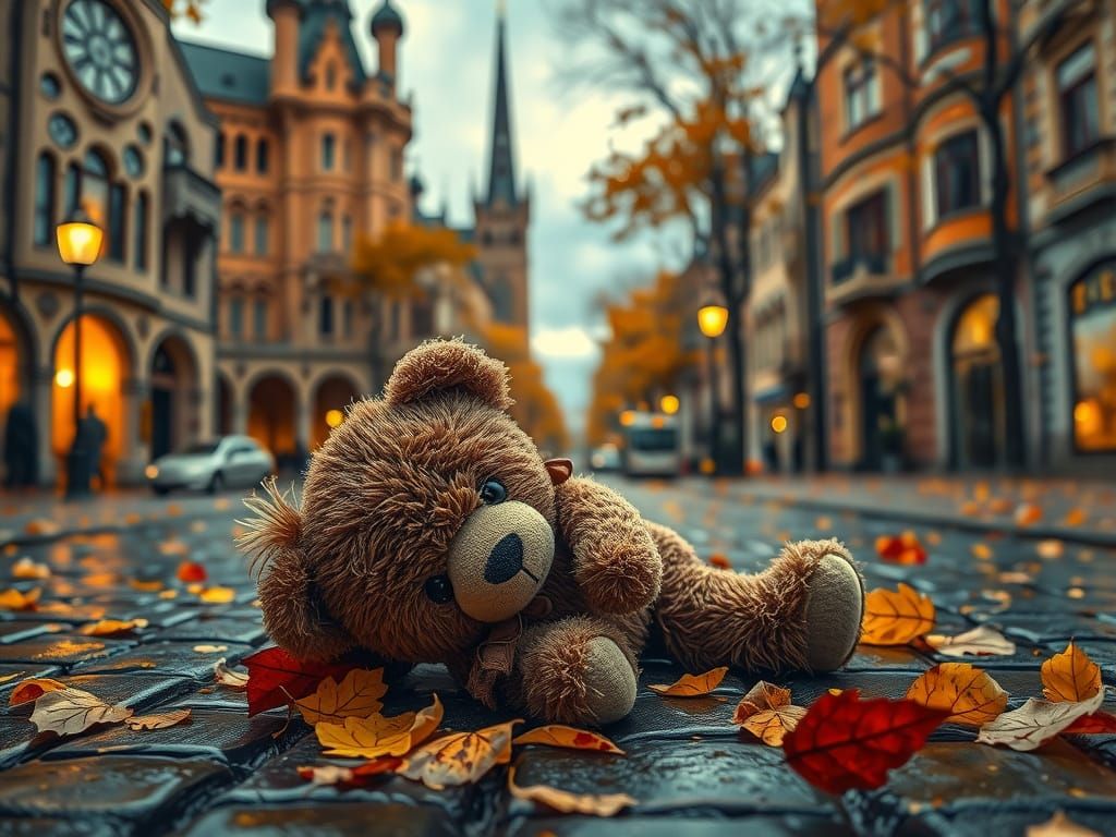 Gaudí Cityscape with Teddy Bear, Van Gogh Style