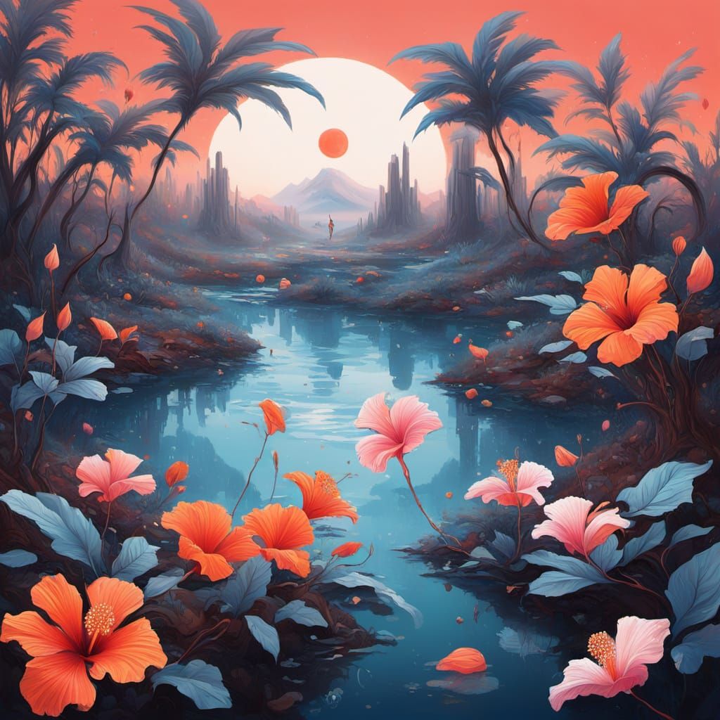 Surreal Cyberpunk Hibiscus Carousel in Abstract Style