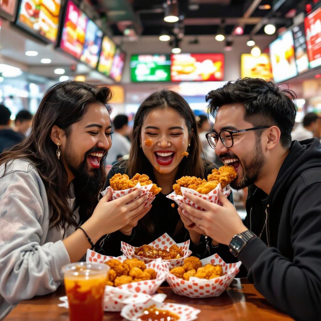Friends Enjoying Fried Chicken, Vibrant Illustration