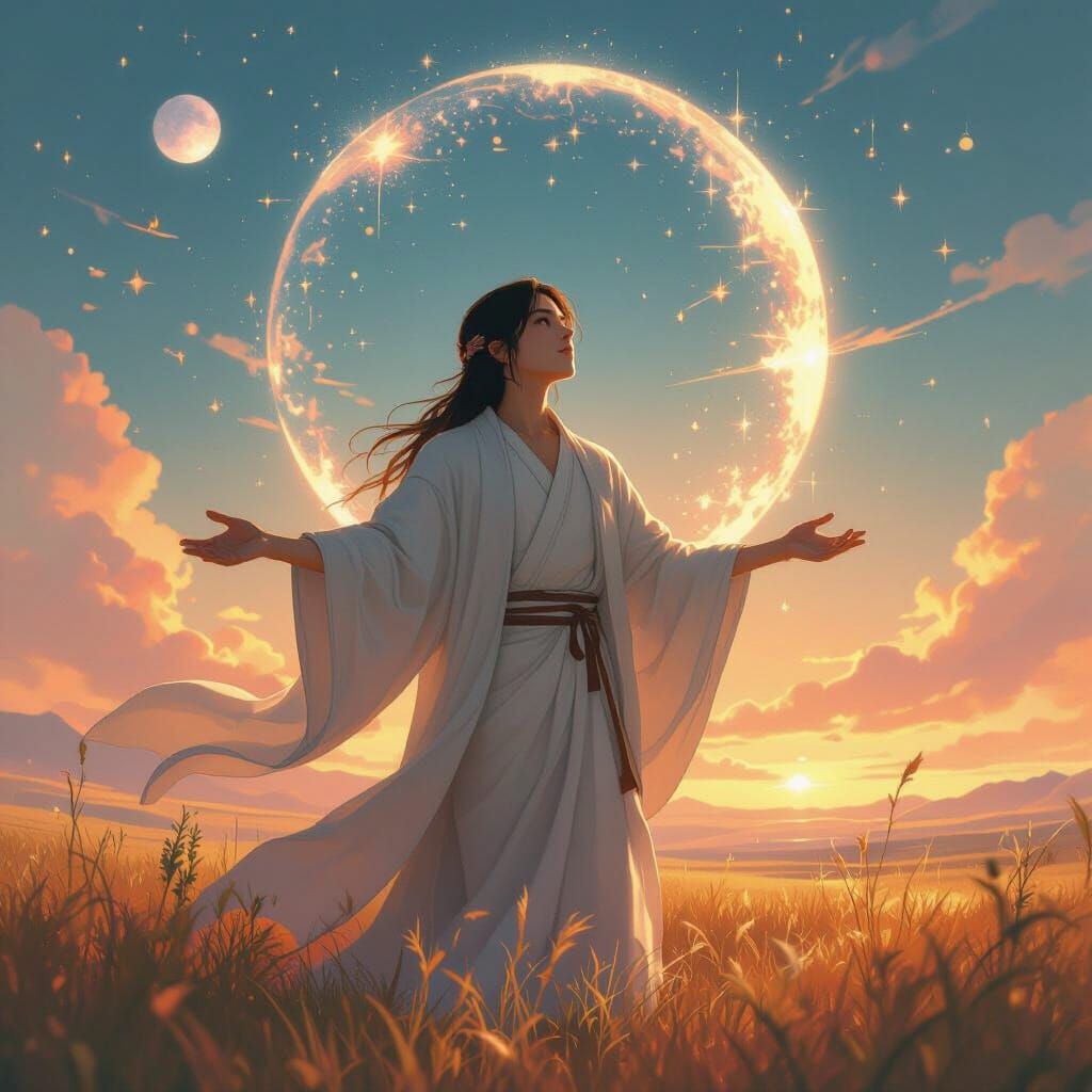 Contemplative Figure in Ethereal Landscape