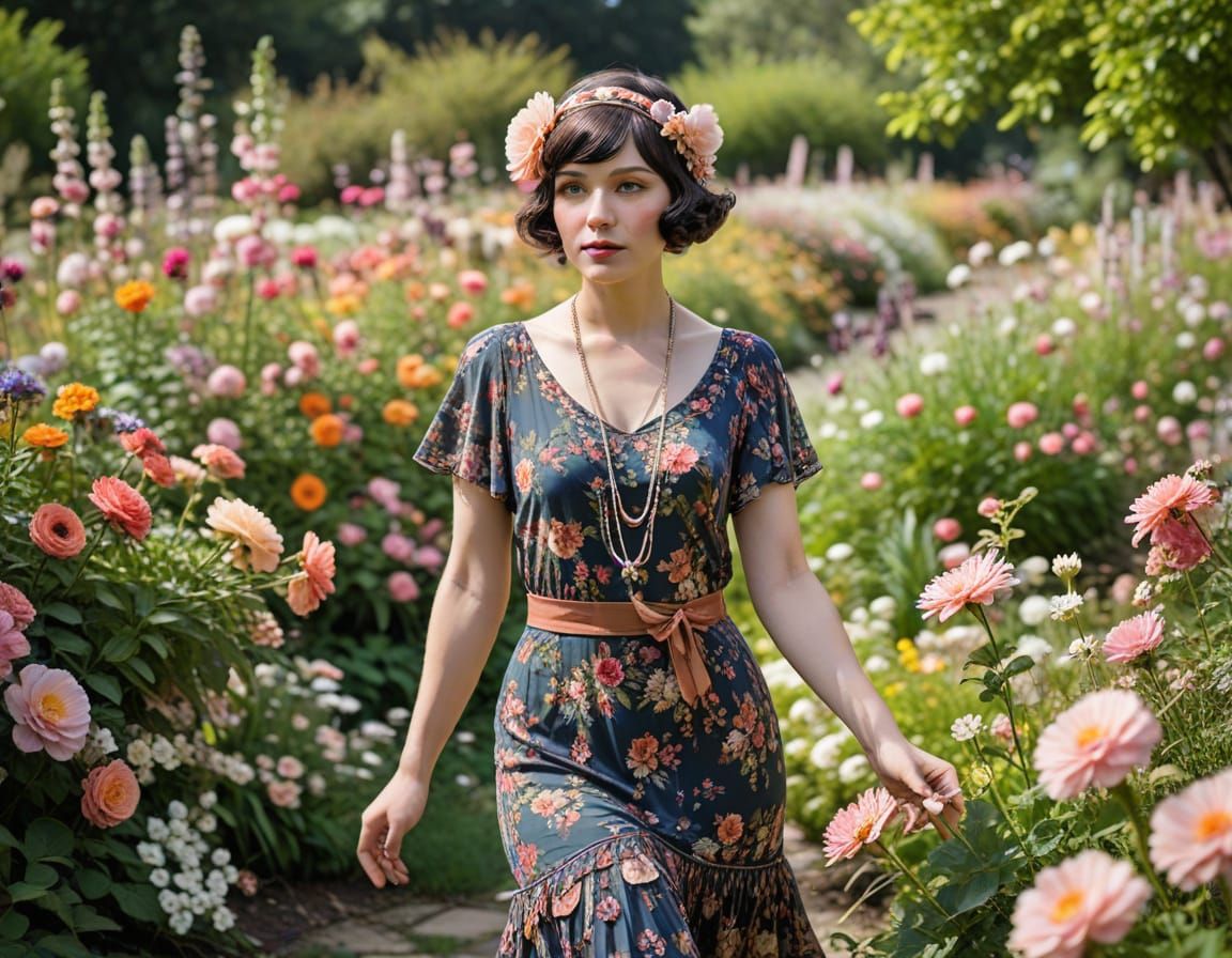 Flapper in Floral Dress in Blooming Garden