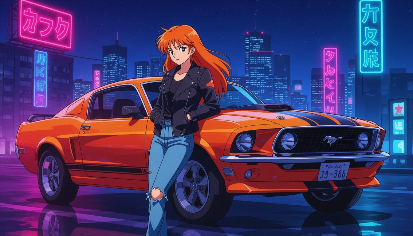 Anime Girl with Mustang in Neon Cityscape