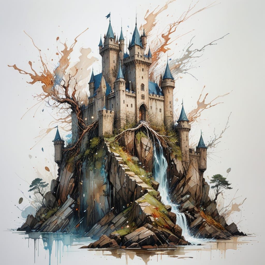 Ancient Castle on Windswept Hill in Turbulent Storm