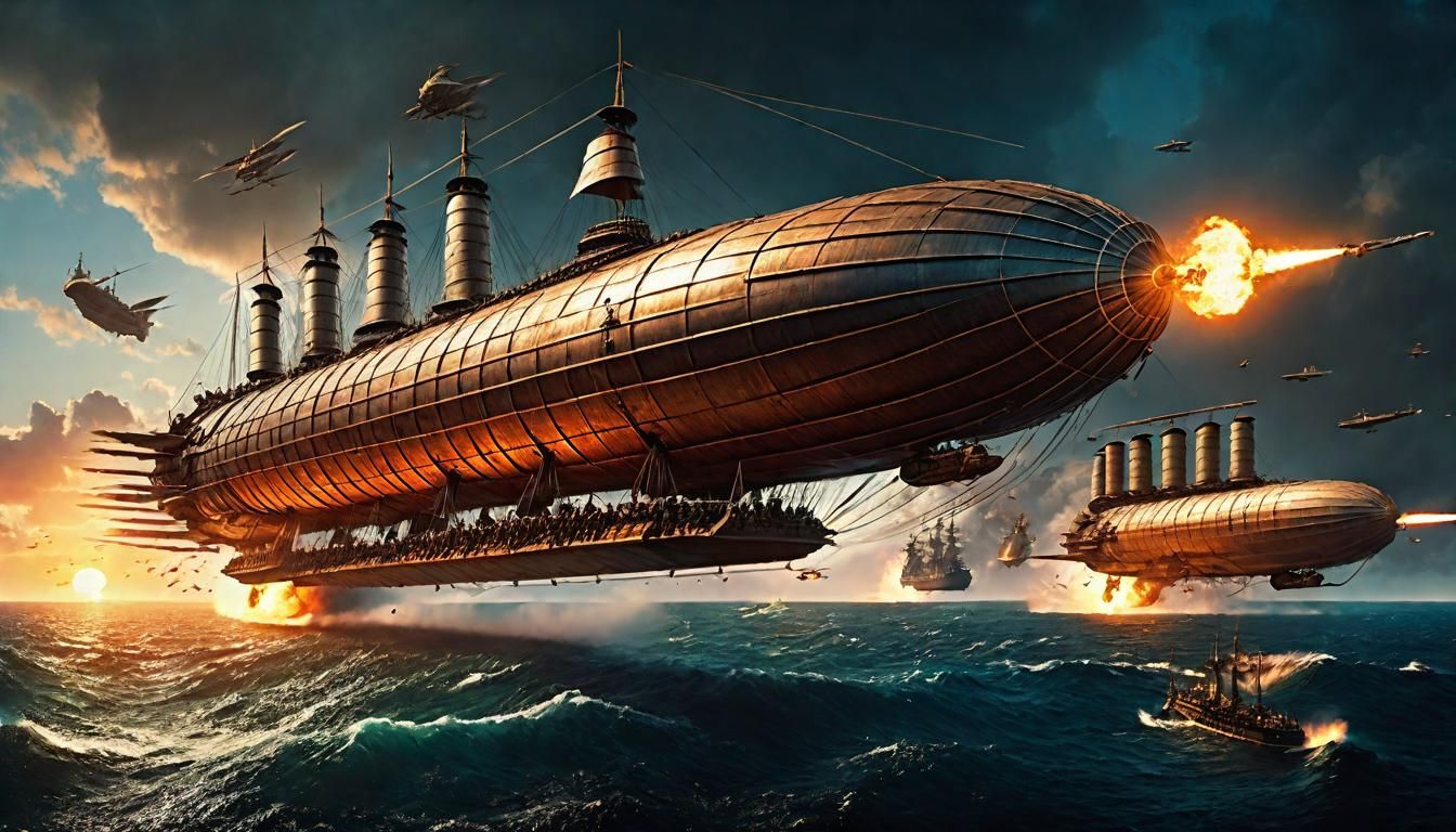 Airships Clash in Epic Sunset Battle Scene