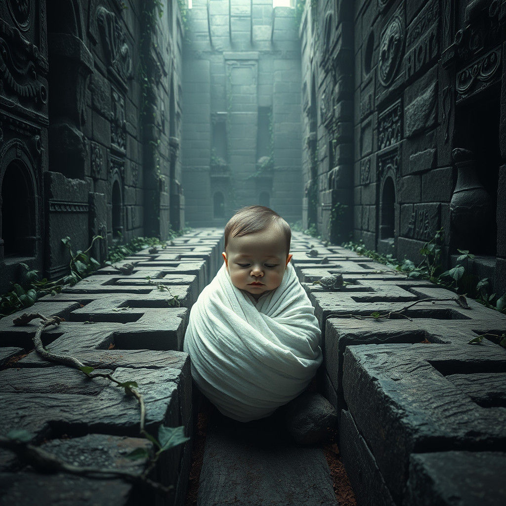 Infant in Labyrinthine Maze in Cinematic Style