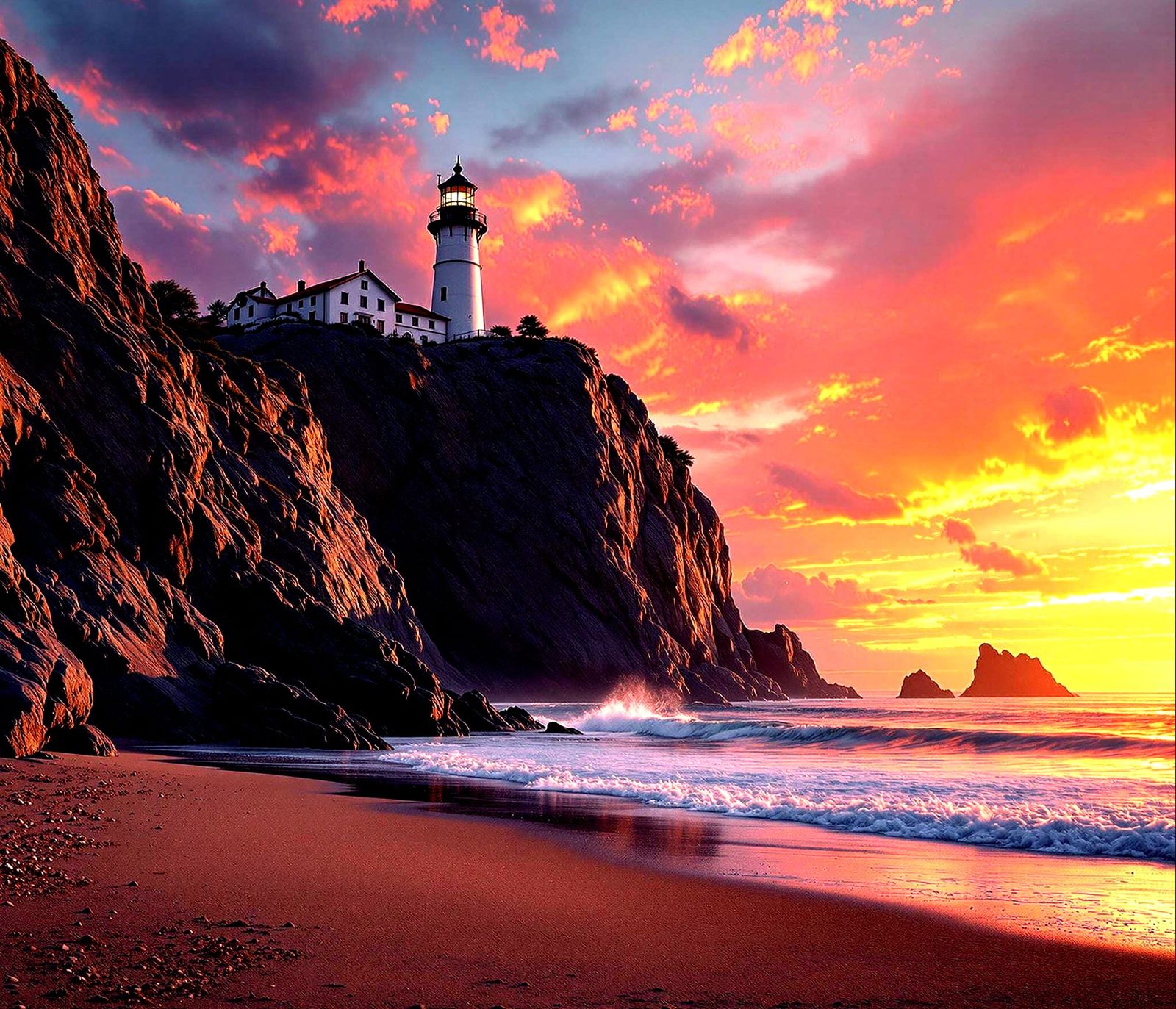 Surreal Sunset Panorama with Lighthouse in Vibrant Colors