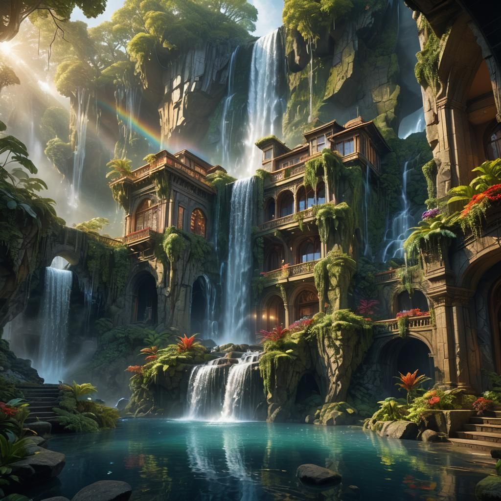 Glass Mansion Overlooking Majestic Waterfall in Fantasy Land...