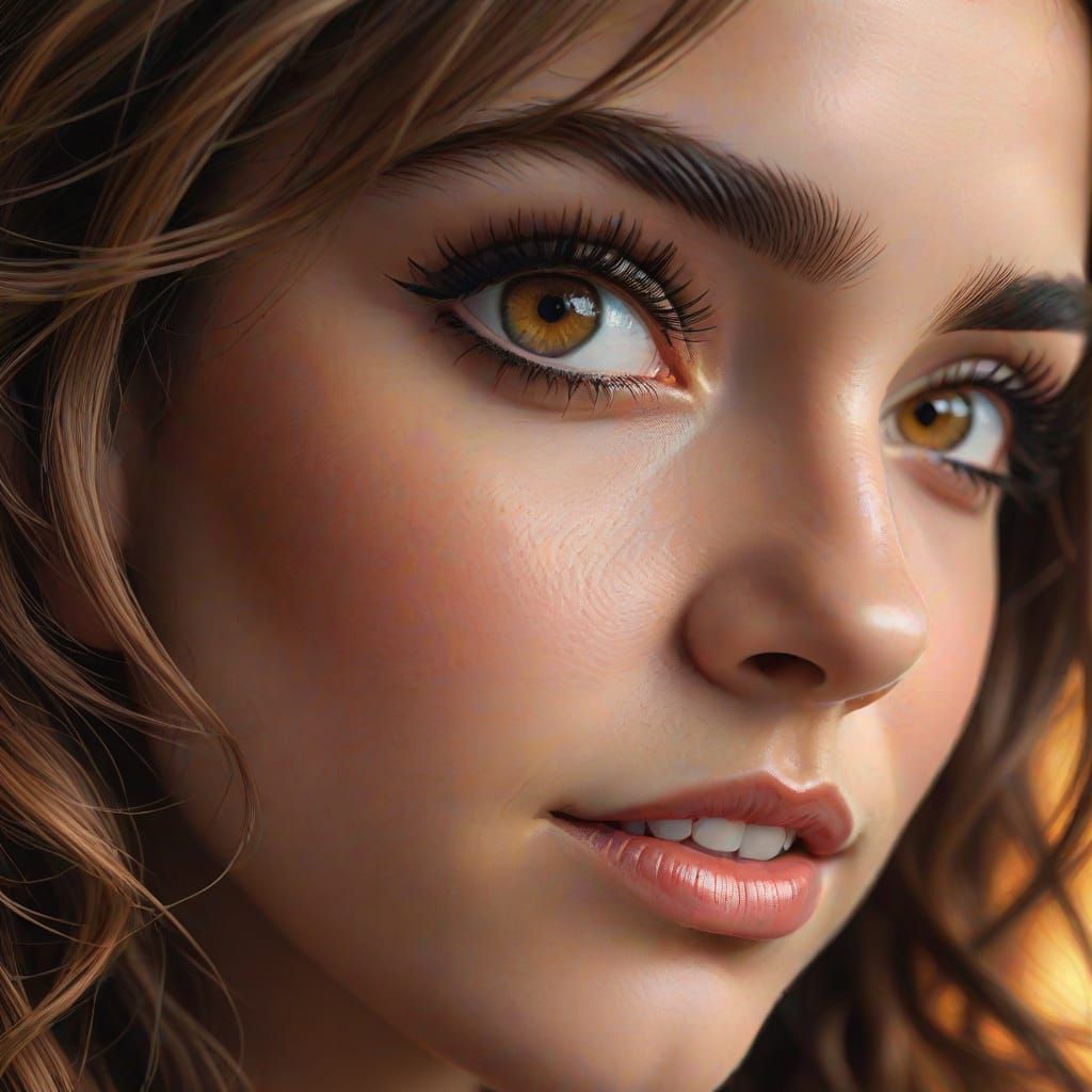 Hyperrealistic Portrait of a Young Woman with Unruly Brown H...