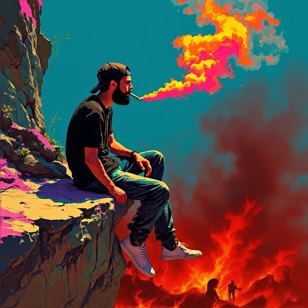 Sad Man on Cliff in Pop Art Screen Print Style