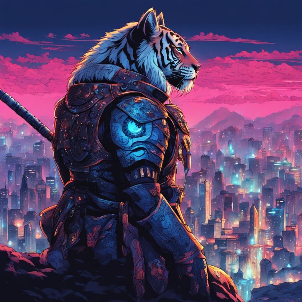 Cyberpunk Samurai Tiger on Mountain Manga Art