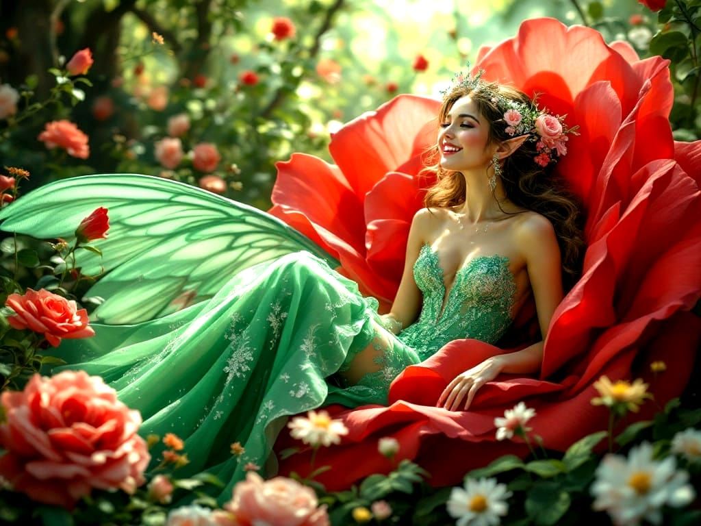 Friendly Elf in English Garden with Winged Princess