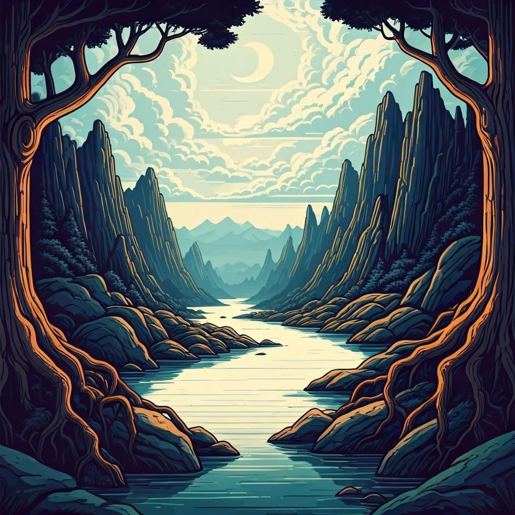 Dynamic Line Art Landscape with River and Mountains