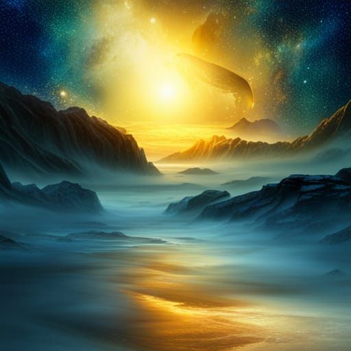 Epic Celestial Dreamscape in Vibrant Blue and Gold