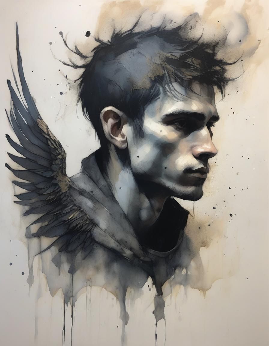 Winged Male Portrait in Dark Surreal Style