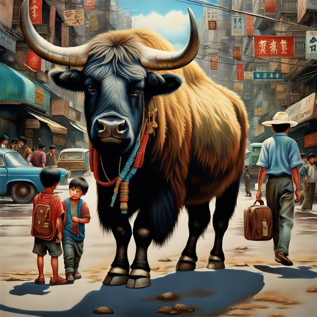 Boy and Yak in Urban Photorealistic Style