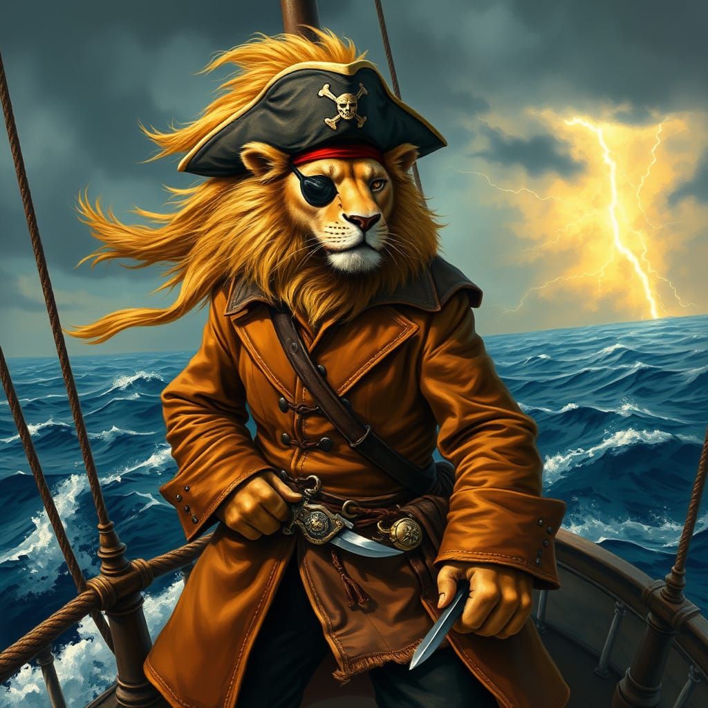 Lion Pirate Captain on Stormy Seas, Maritime Art Style