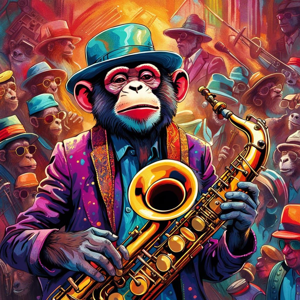 Monkey Rock Band Saxophone Player in Concert, Detailed Illus...