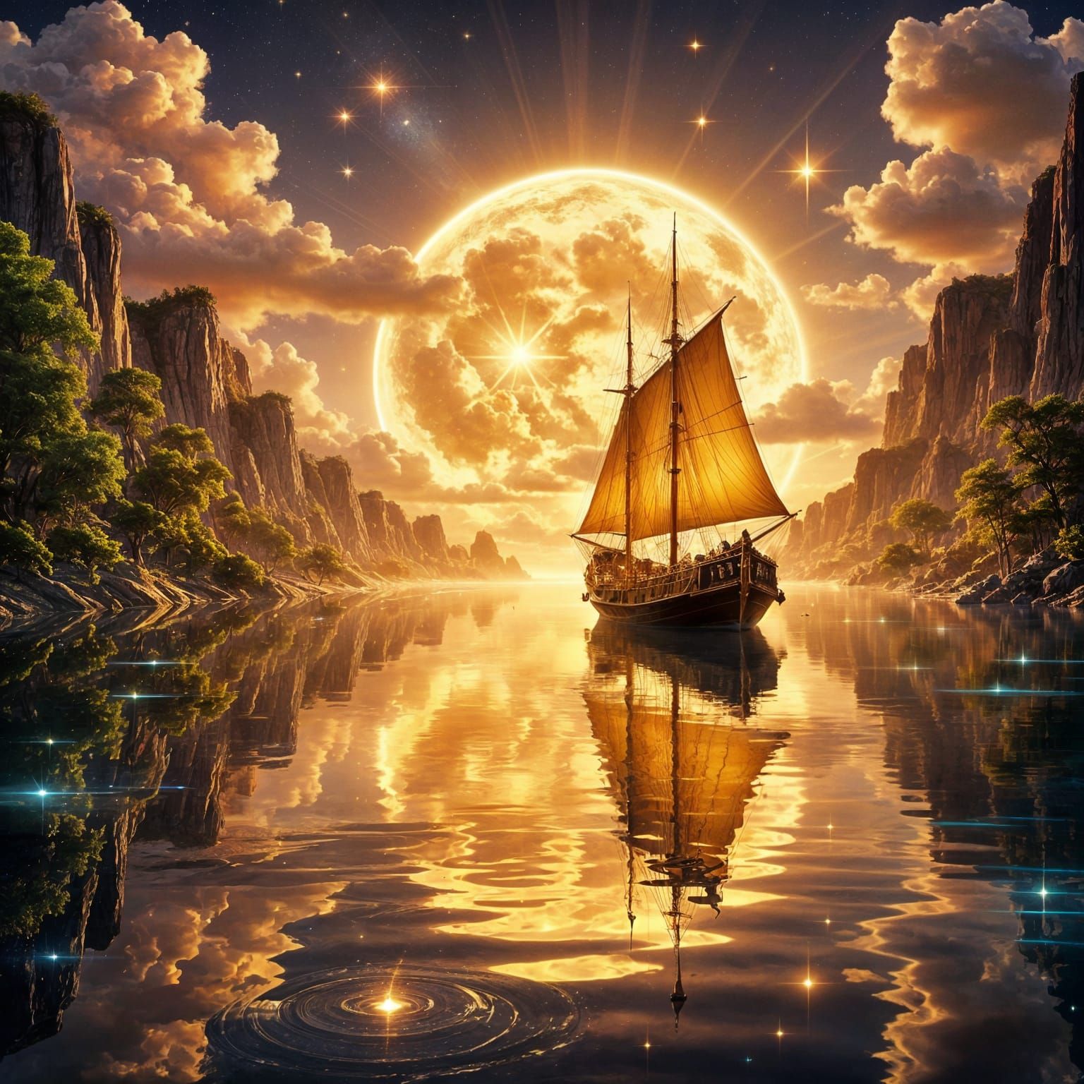 Cinematic Fantasy Seascape at Sunset with Golden Moon